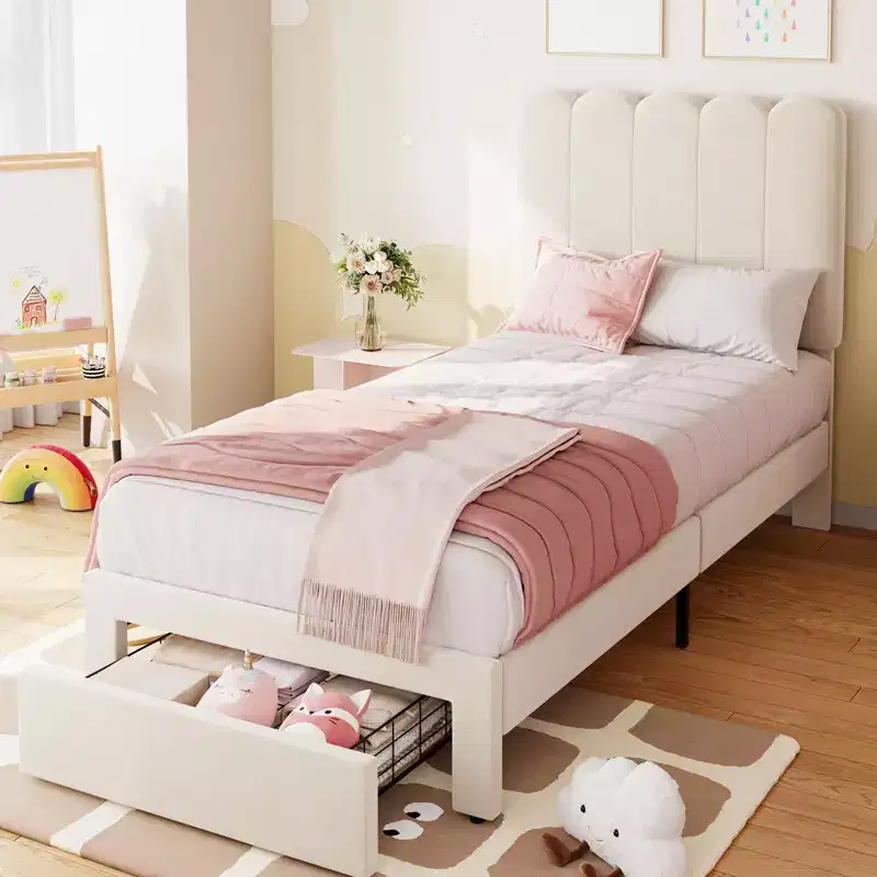 Twin Bed Frame with Storage Drawer and Headboard, Velvet Upholstered Twin Platform Bed Frame for Girls, Strong Wooden Slats Support
