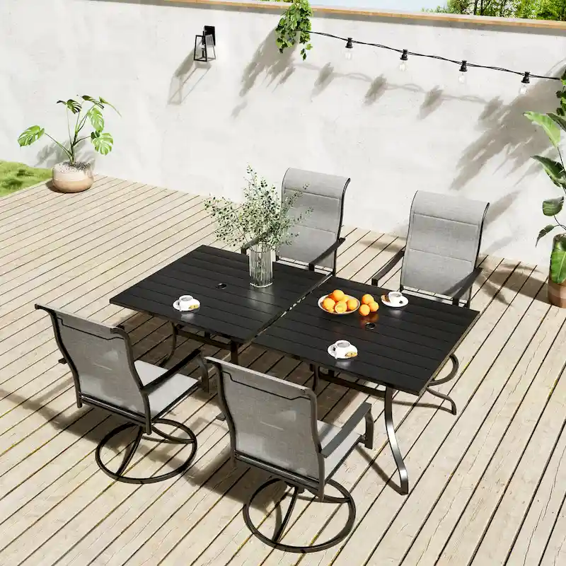 Clihome Outdoor 6 Piece Patio Textiliene Swivel Chair Dining Table Set
