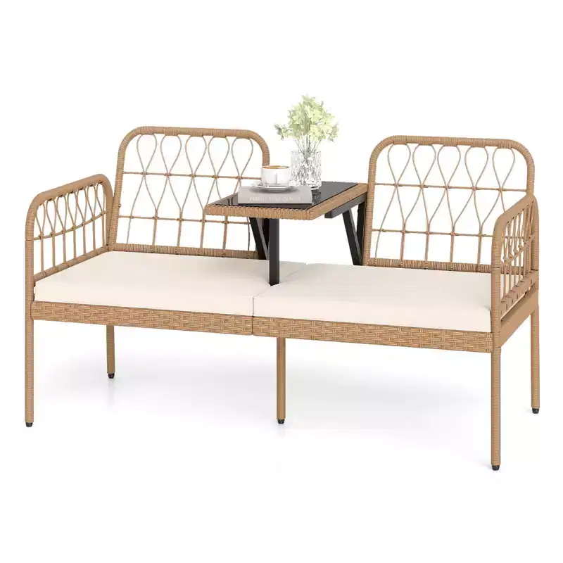 Costway PE Rattan Outdoor Loveseat with Built-in Coffee Table & Soft Cushions for Lawn