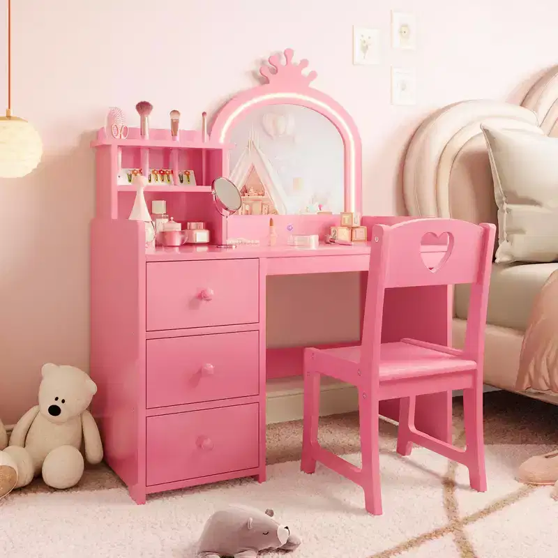 Kids Vanity Desk with Mirror and Lights, Pink Princess Wooden Makeup Vanity with Chair, Storage Shelves and Drawers, 2-in-1 Girls Dressing Table