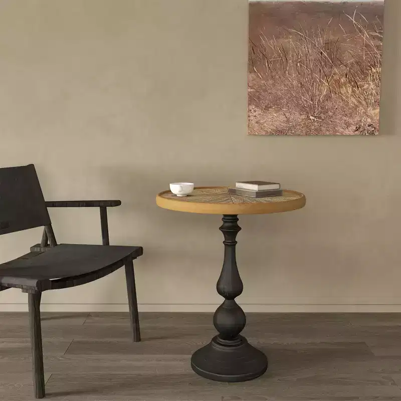 VIYET 23 Retro Round Wooden End Table - French Country Metal Pedestal, Natural Wood