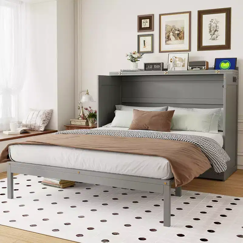 Queen Size Murphy Bed, Foldable Cabinet Bed with Drawer & Charging Station for Bedroom, Living Room - ModernLuxe