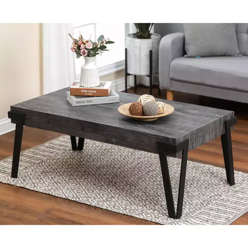 LuxenHome Gray Oak Manufactured Wood and Metal 43-Inch Wide Coffee Table Black