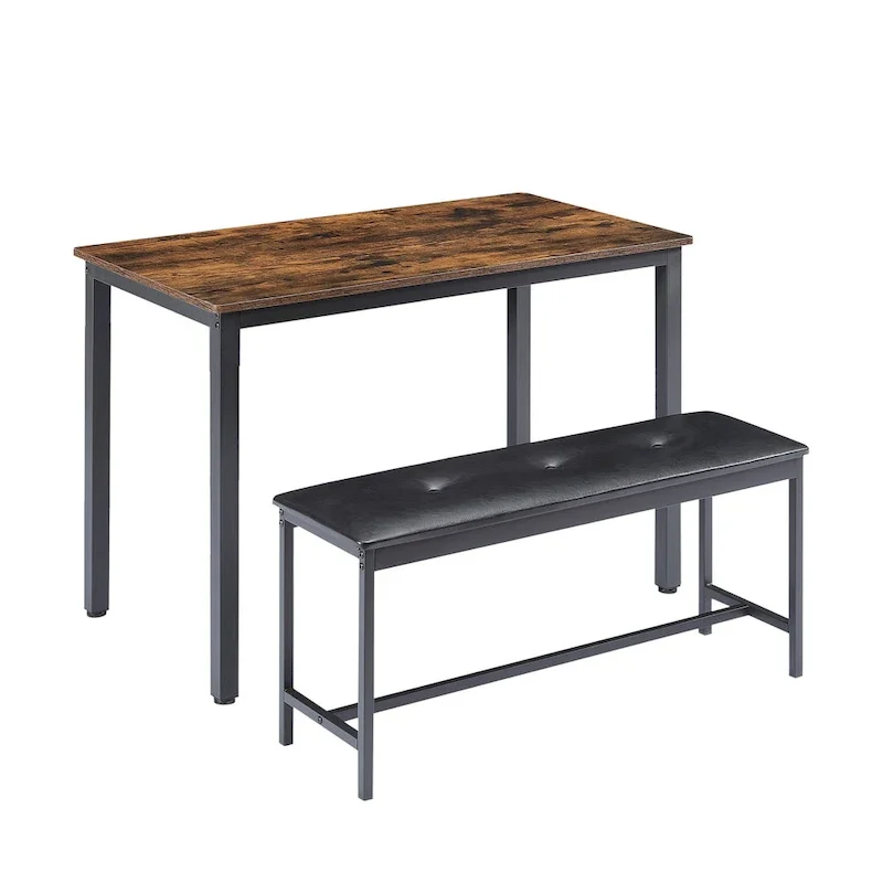 3-Piece Dining Table Set, Rectangular Dining Table with 2 Benches, Rustic Brown and Black