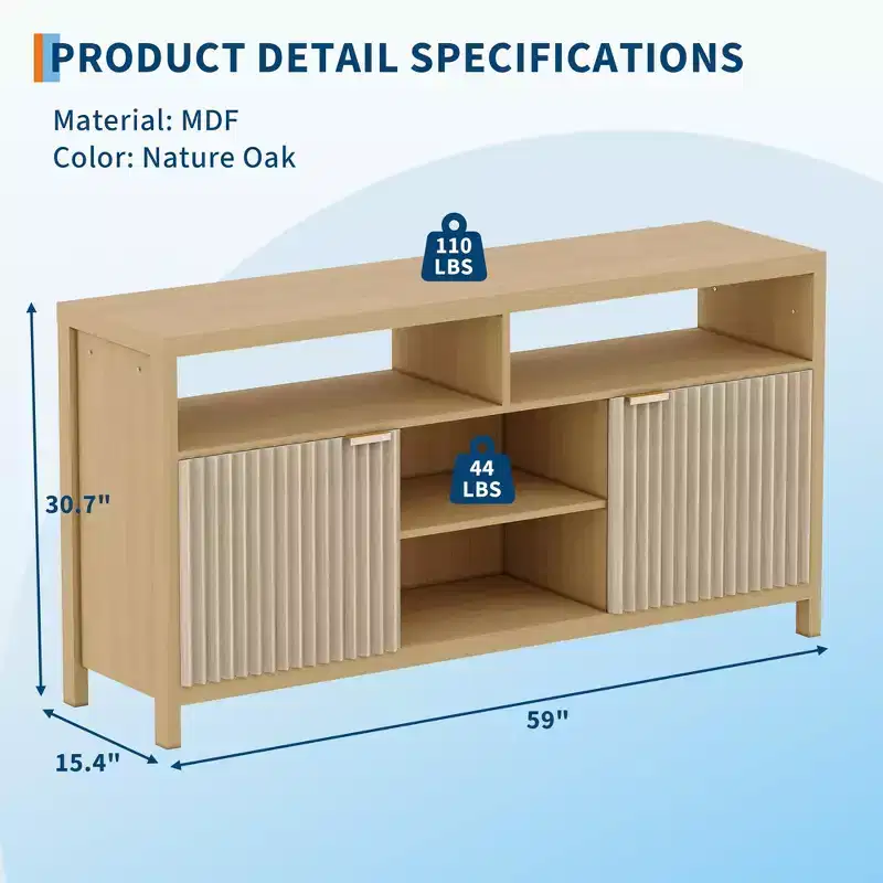 59 in Modern TV Stand for Living Room,Large Entertainment Center with Fluted Door & Open Shelves Wood Media Console Storage Cabinet for 55/60/65 in TV