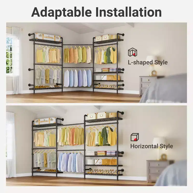 Wall Mounted Clothes Rack Industrial Pipe Clothing Rack, Heavy Duty Clothes Rack with Shelves and Expandable Hanging Rods