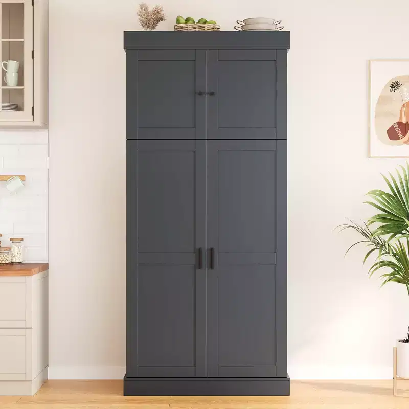 77H Freestanding Kitchen Pantry, Farmhouse Storage Cabinet with Adjustable Shelves, Door Shelves, Drawers & Wine Racks - ModernLuxe