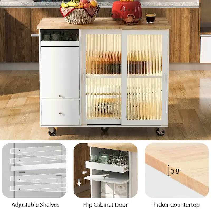 44 in. W Kitchen Island Rubber Wood Drop-Leaf Countertop on 5 Wheels with an Adjustable Shelf and 2 Drawers - 44