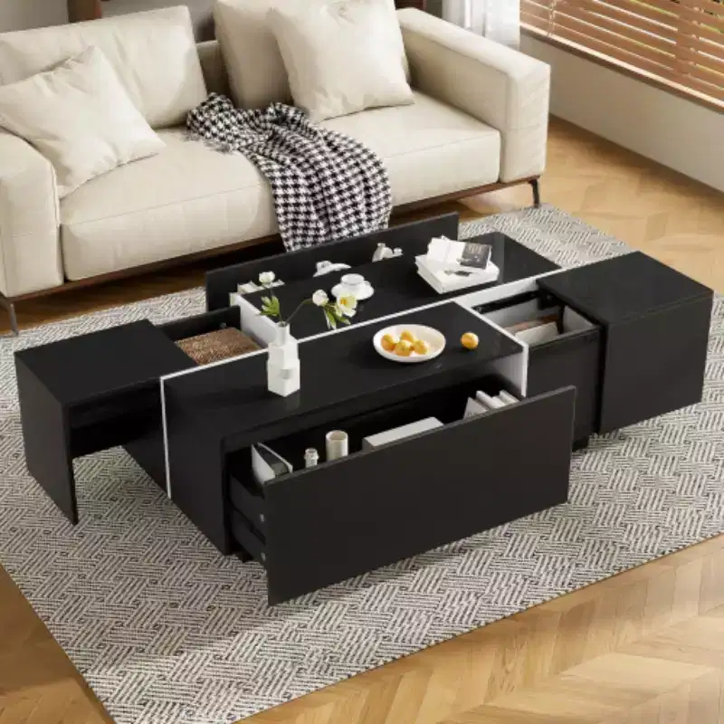 Modern Center Coffee Table with High-Gloss Finish, Extendable Coffee Table with 2 Storage Spaces and 2 Drawers for Living Room - Panipeachy