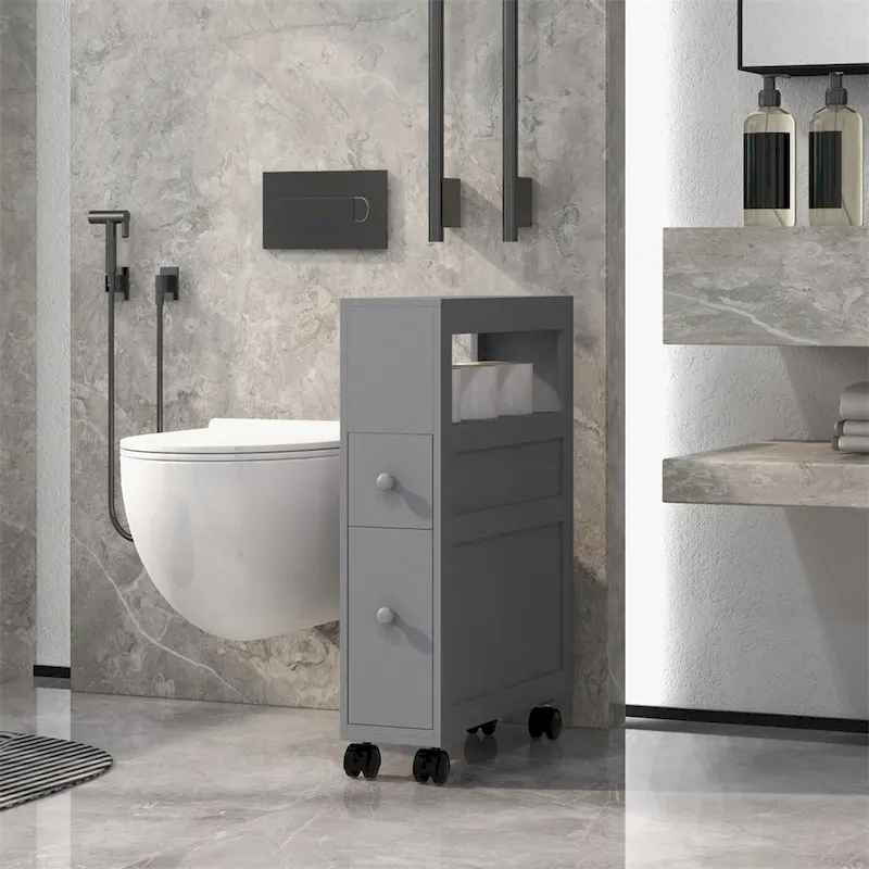 6.25x20.5x28.25 Wood Rolling Narrow Bathroom Side Storage Cabinet