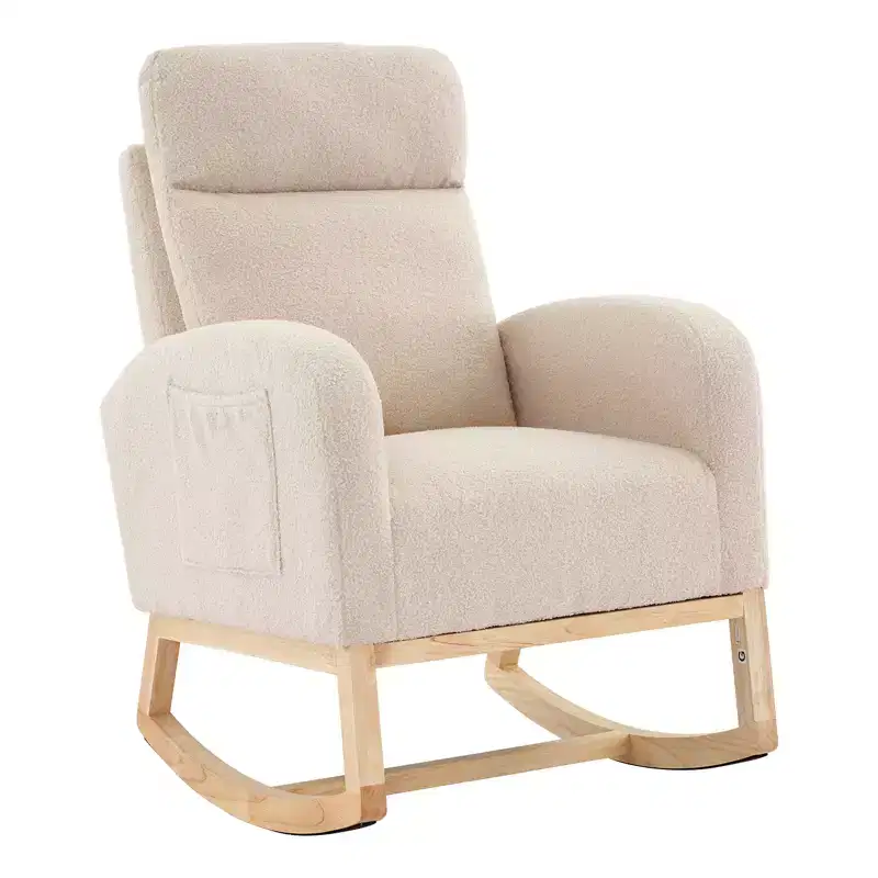 Nursery Glider Rocking Chair – Upholstered Teddy Fabric, High Backrest & Side Pockets