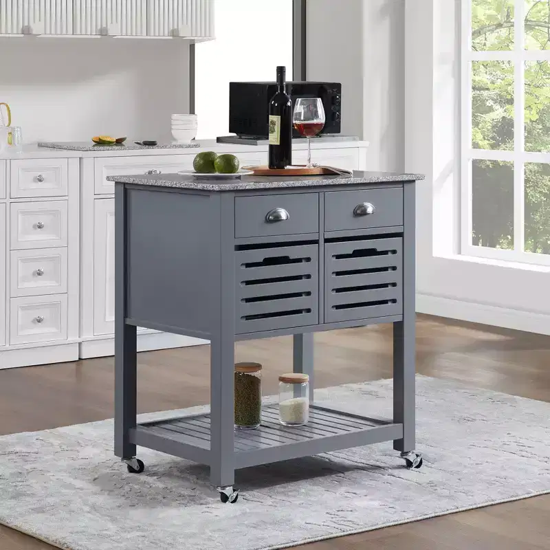 30Mobile Rolling Kitchen Island Trolley Serving Cart with Marble Top,Underneath Drawer & Slide-Out Wire Storage Basket
