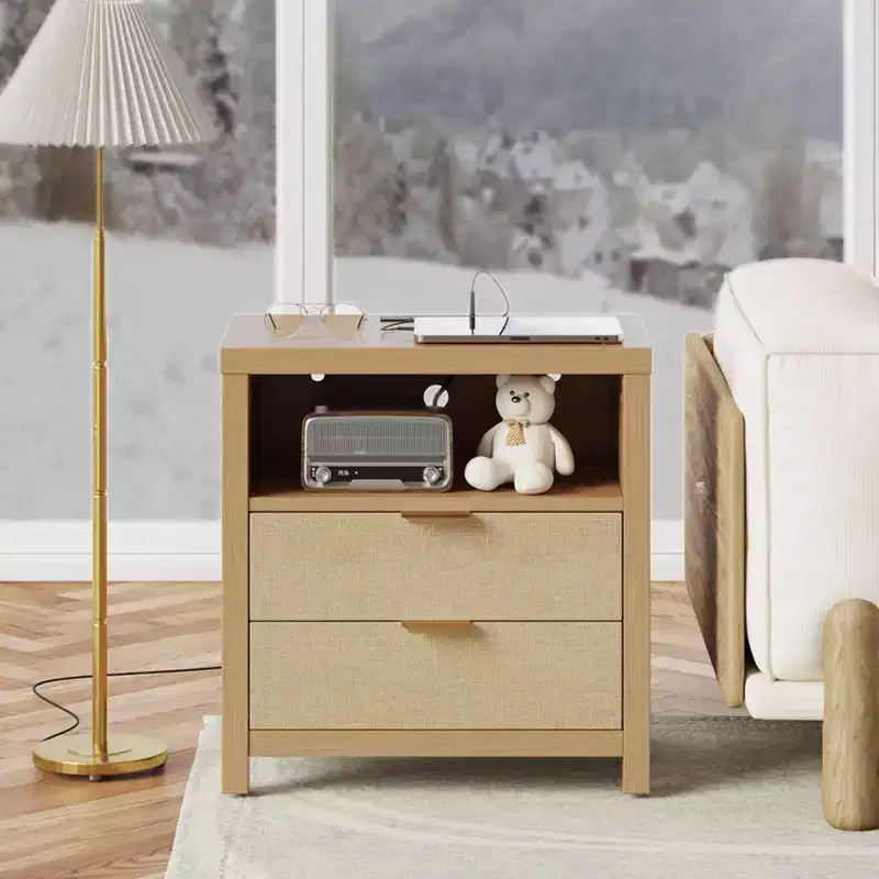 2 Drawer Nightstand with Charging Station Storage Shelf Natural Oak Wood Bedside Table Modern Farmhouse End Table USB Bedroom Furniture