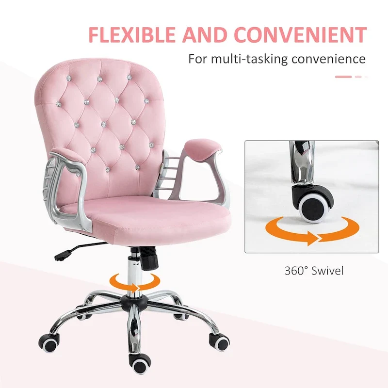 Vanity Middle Back Office Chair Tufted Backrest Swivel Rolling Wheels Task Chair with Height Adjustable Armrests