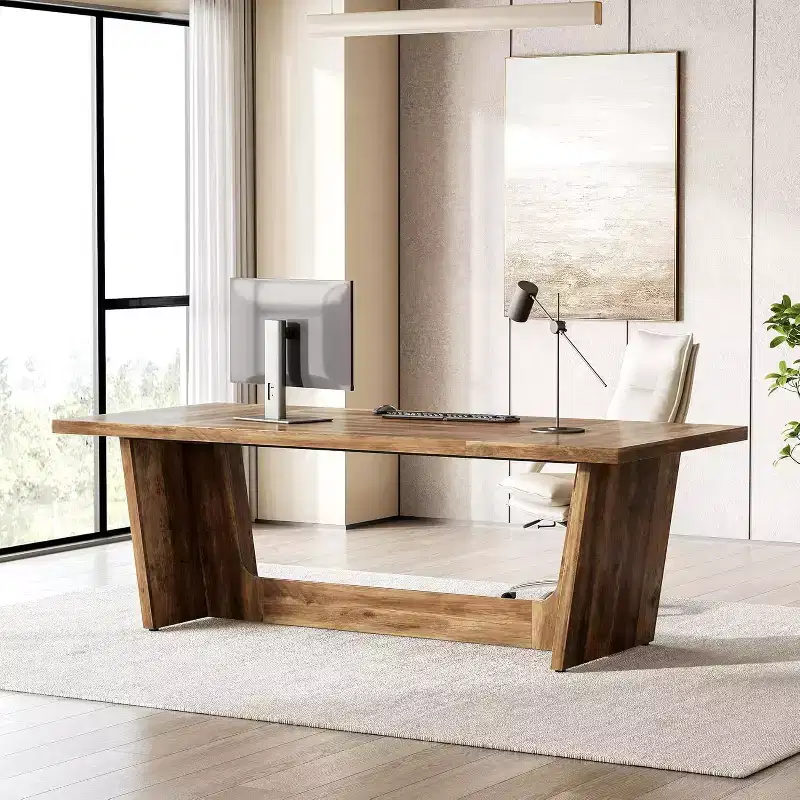 Lantine 70.87-Inch Long Executive Desk, Brown Wooden Computer Desk and Industrial Study Writing Table for Home Office, Large Workstation