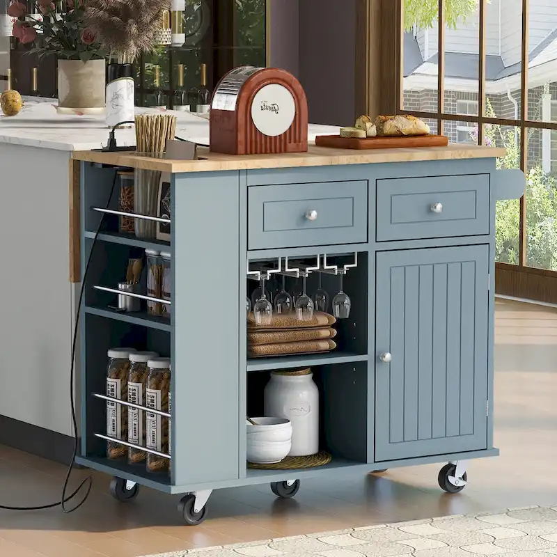 Kitchen Island Cart with Drop Leaf, Power Outlet, and Wine Rack