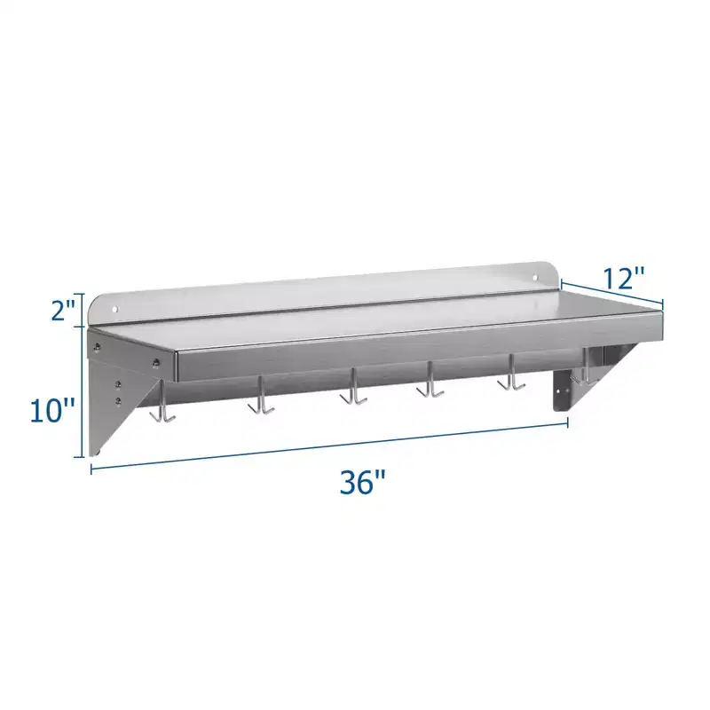Stainless Steel Shelf, 2 Pack 12x36 Wall Mount Storage Rack with 6 Hooks - NSF Certified for Kitchen Cookware