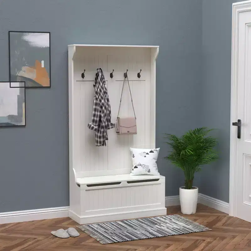 38IN Entryway Hall Tree with 5 Metal Hooks, Coat Tree with Shoe Storage and Top Door, Freestanding Coat Rack for Living Room, Entryway, Cream