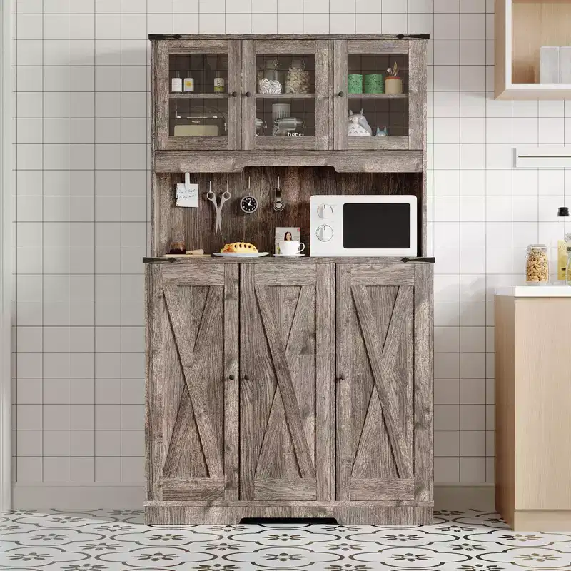 Brown Freestanding Kitchen Pantry Cabinet with Acrylic Doors & Coffee Bar Countertop, 1-Person