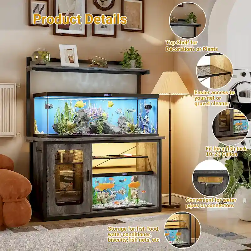 Heavy Duty Aquarium Stand with Reversible Cabinet, 55-75 Gallon Fish Tank Stand with Power Outlets & LED Light