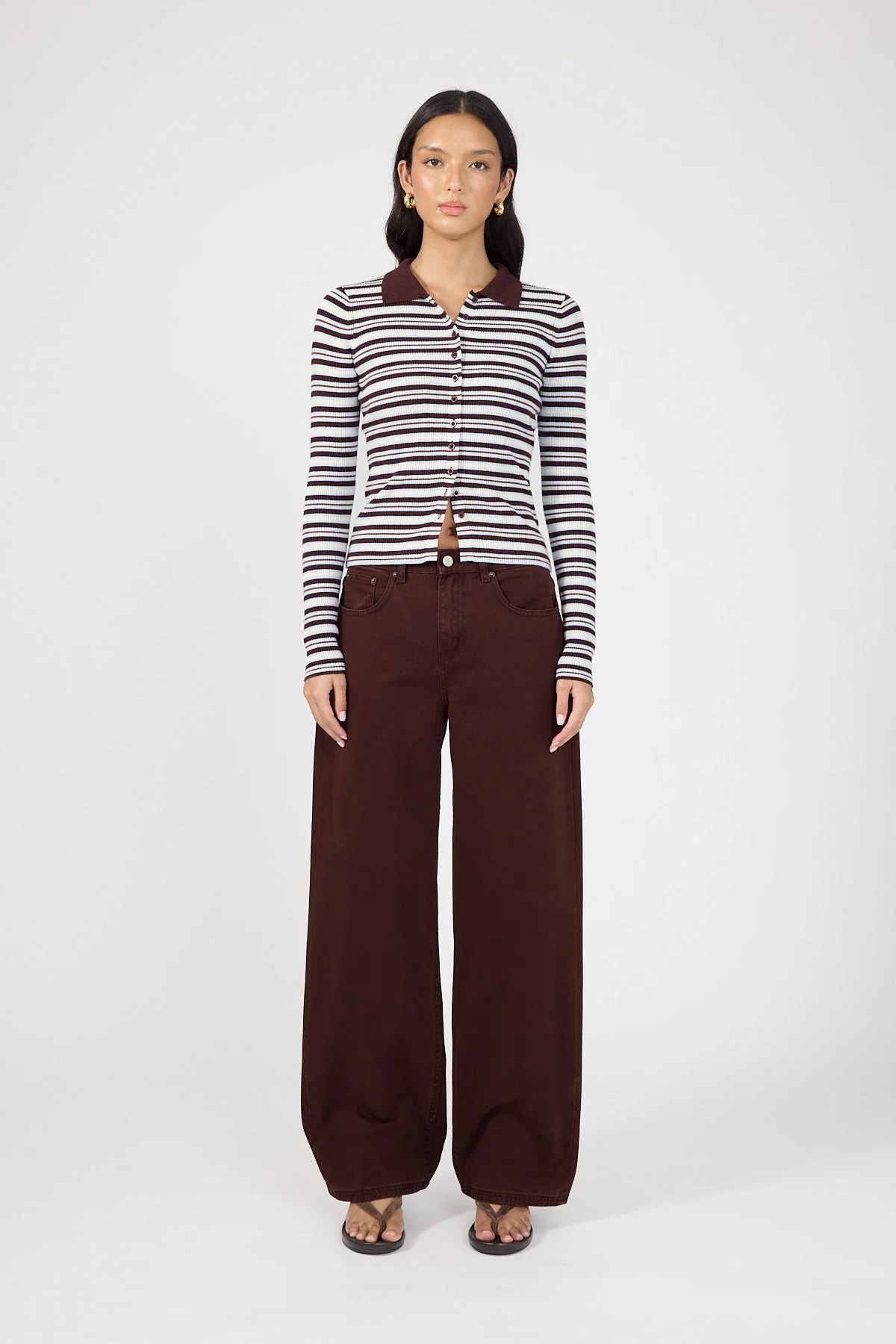 Knit Long Sleeve Polo Brown Stripe