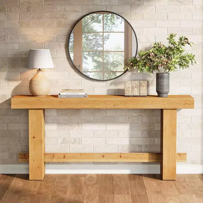 Lantine 63-Inch Solid Wood Console Table, Farmhouse Sofa Table with Storage for Living Room, Narrow Entryway and Hallway Accent Table, Natural Finish