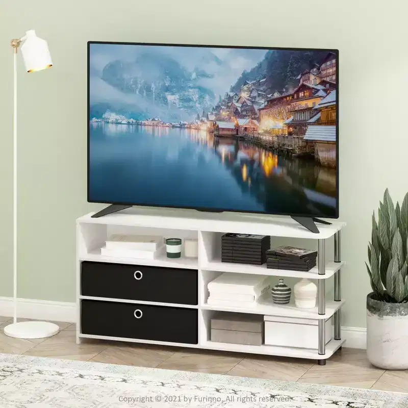 Simple TV Stand with Storage Shelves and 2 Bins White Oak