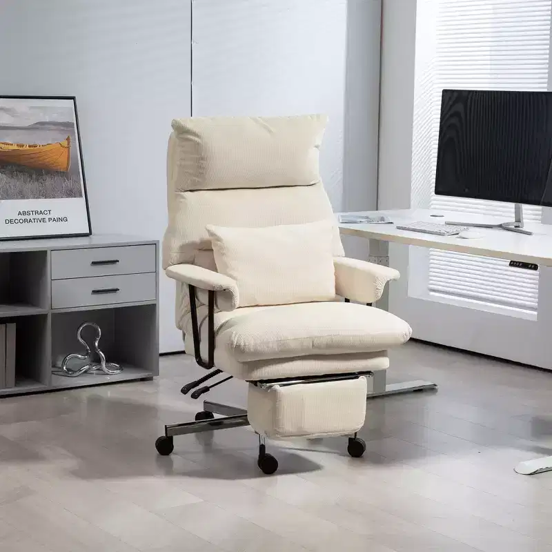 High Back Reclining Office Chair with Footrest | Cream White / Gray | Single Seat