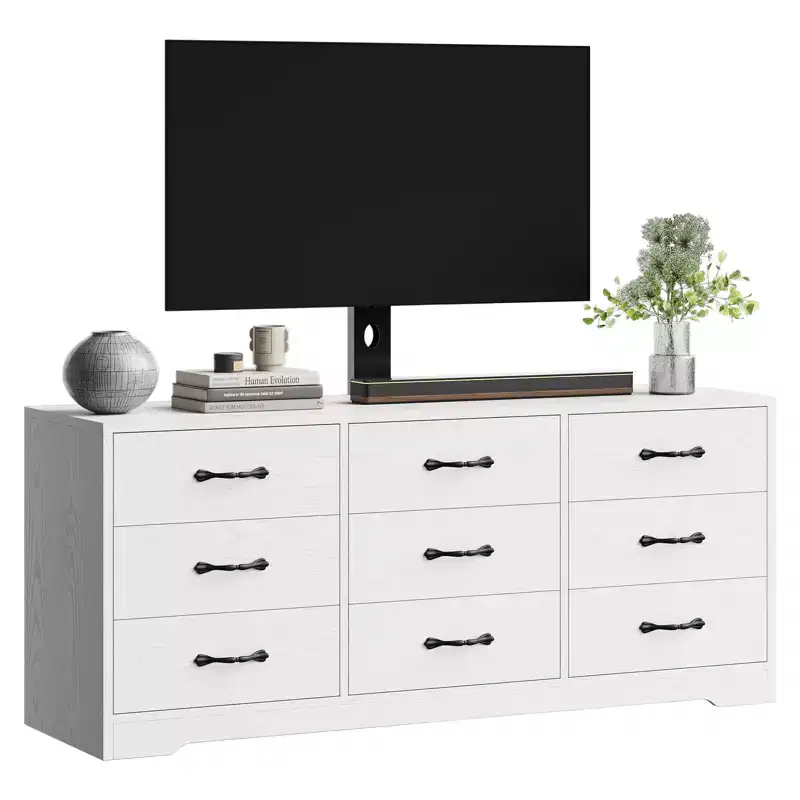 Modern 9-Drawer TV Stand Chest - Black Wood Entertainment Center with Adjustable Mount, Spacious Storage Dresser for 32-85 Inch TVs