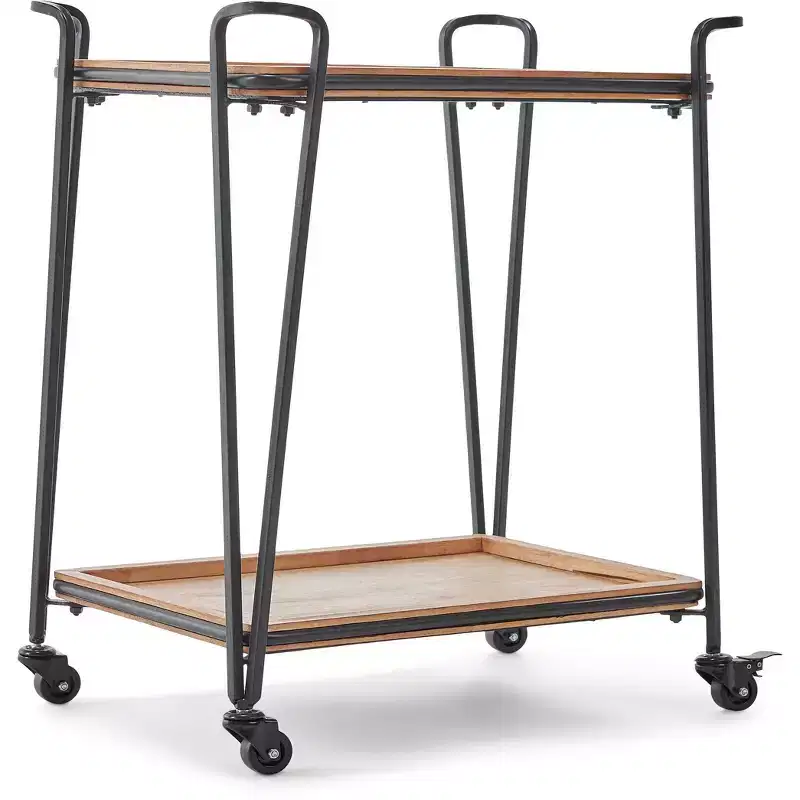 ClickDecor Cooper Bar Cart Black: Rubberwood Surface, Metal Frame, 2-Tier Beverage Serving Cart with Wheels
