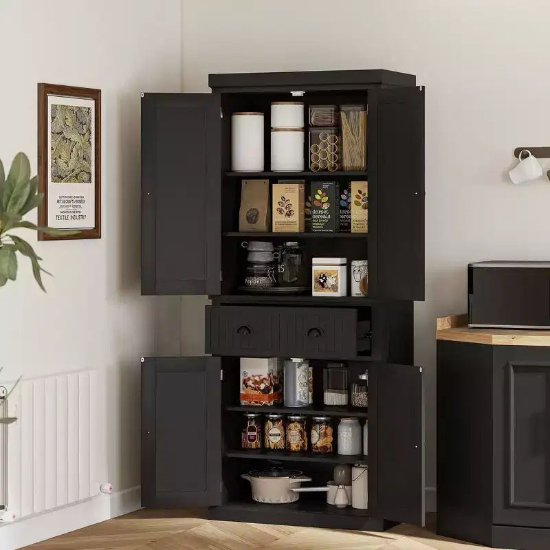 72 Kitchen Pantry Storage Cabinet, Cupboard with 4 Doors and 3 Adjustable Shelves, Large Central Drawer