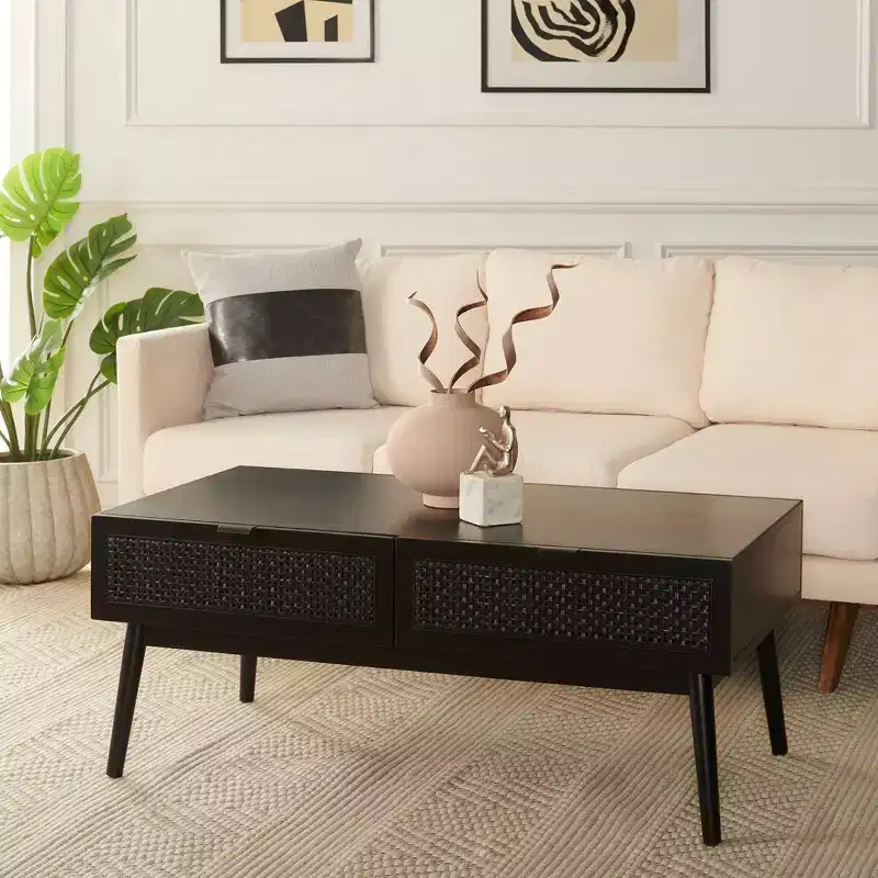 Wood Coffee Table with 2 Drawers & Rattan Webbing Facade, Tapered Legs, Holds 150 lbs