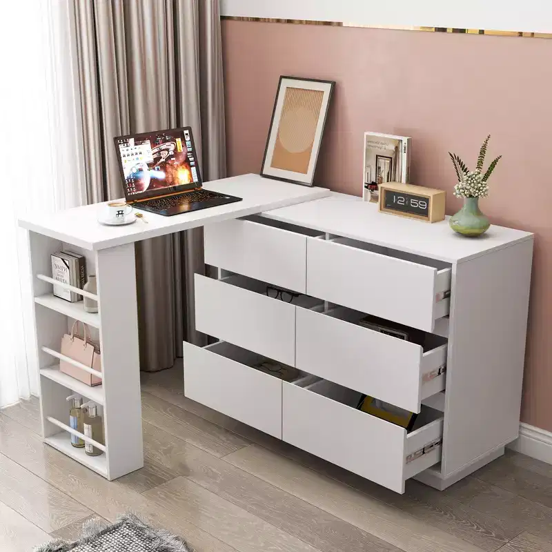 GDFStudio Adela Modern Wood L-Shaped Corner Office Desk with Drawers