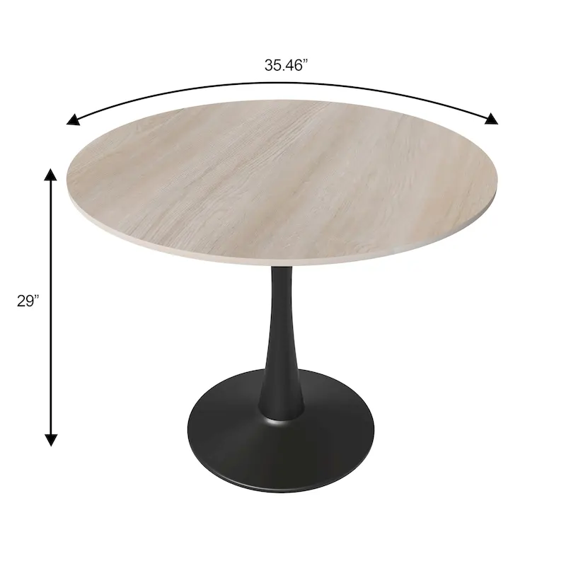 35in Round Dining Table with Sintered Stone Tabletop, Black Steel Pedestal Base, Scratch-Resistant