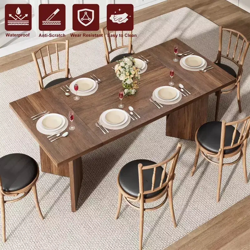 70.9 Wood Modern Rectangular Dining Table for 6-8, Large Farmhouse Kitchen Table with M-Shaped Metal Legs, Thickened Top and Sturdy Frame