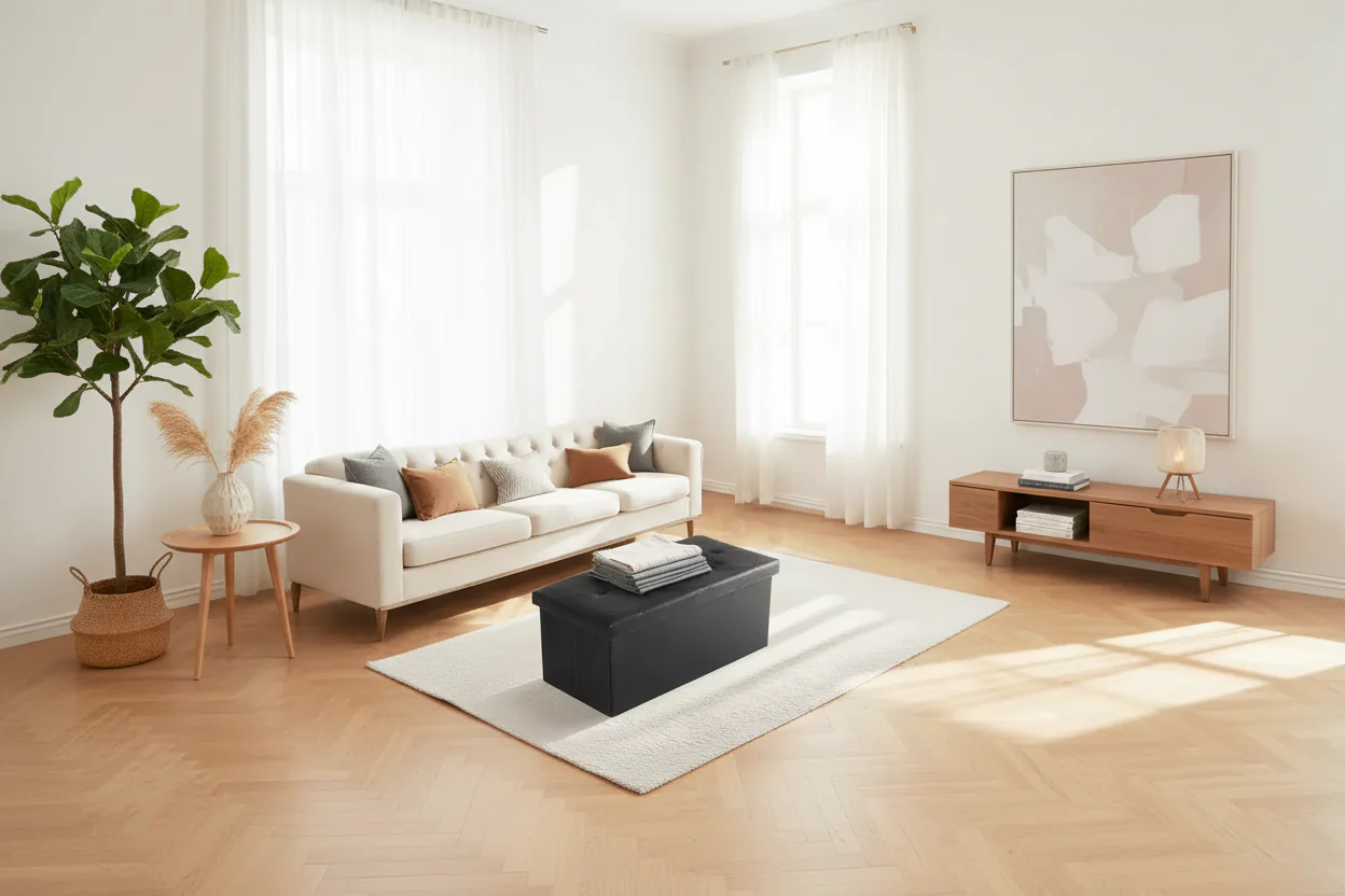 43in Foldable Storage Ottoman Bench Synthetic Leather Thick Foam Padded for Entryway Living Room
