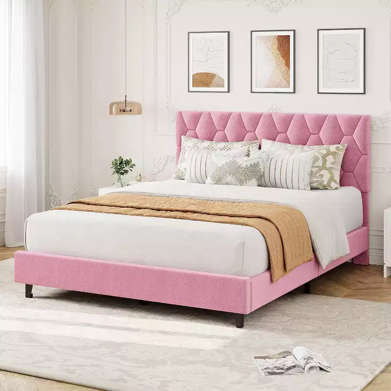 Queen Size Bed Frame with Velvet Upholstered Headboard,Heavy-Duty Platform Bed Frame with Strong Wood Slats, No Box Spring Needed