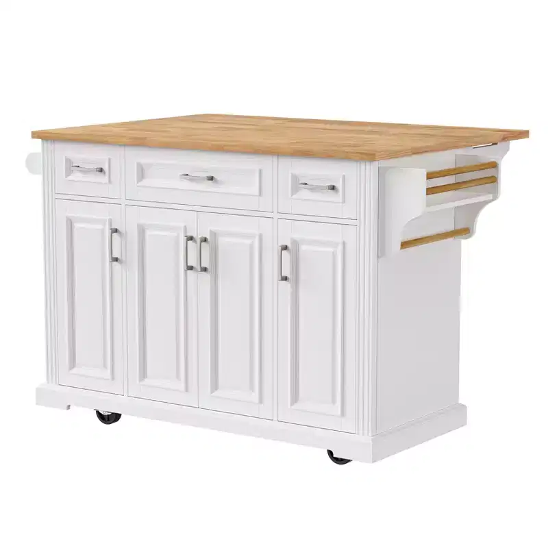 HomyCasa Rolling Kitchen Island with Wood Top and Storage Cabinets, White