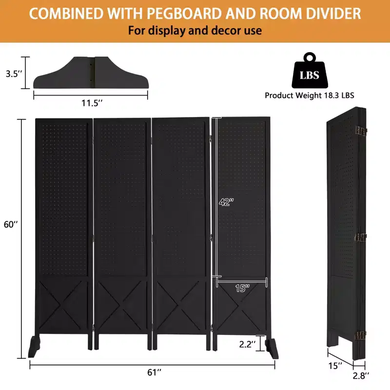 VINGLI 4 Panel Freestanding Pegboard with Feet, 5 FT Wood Room Divider Display Board, Partition Space Separator for Craft Shows Retail (Black)