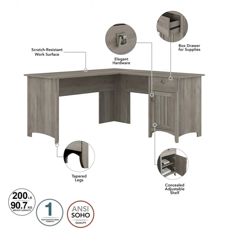 Salinas 60W L Desk with Hutch, Cabinet and Bookcase by Bush Furniture