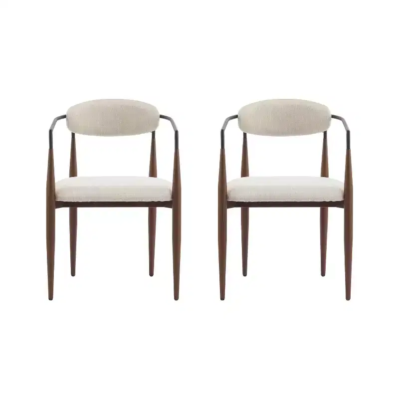 Set of 2 Modern Upholstered Iron Dining Chairs with Curved Open Back Beige/Dark Brown