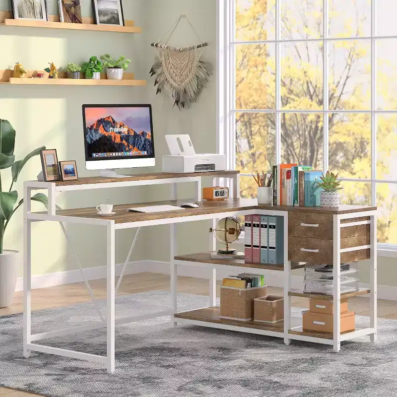 Lantine L Shaped Desk with Drawers and Monitor Stand, L Corner Desk with Storage Shelves, Beige Wooden PC Table for Small Home Office