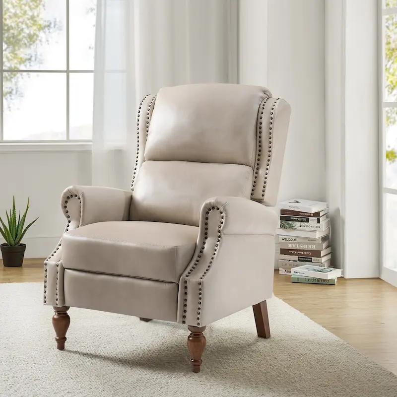 Traditional Vegan Leather Manual Push-Back Recliner, Padded Armrests, Solid Wood Legs, Living Room