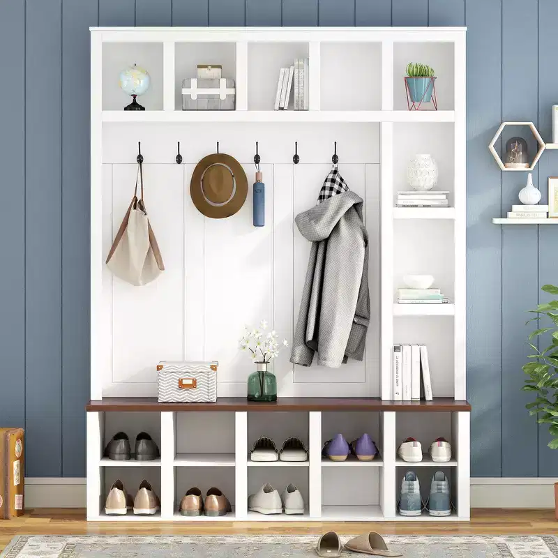 Farmhouse Wooden Hall Tree with 6 Hooks, Walnut Storage Bench, Adjustable Shelves & 13 Cubbies