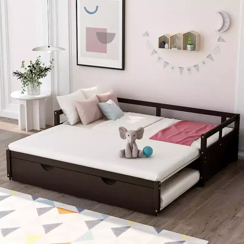 Whisen Wooden Daybed with Trundle, Extendable Twin to King Daybed Frame