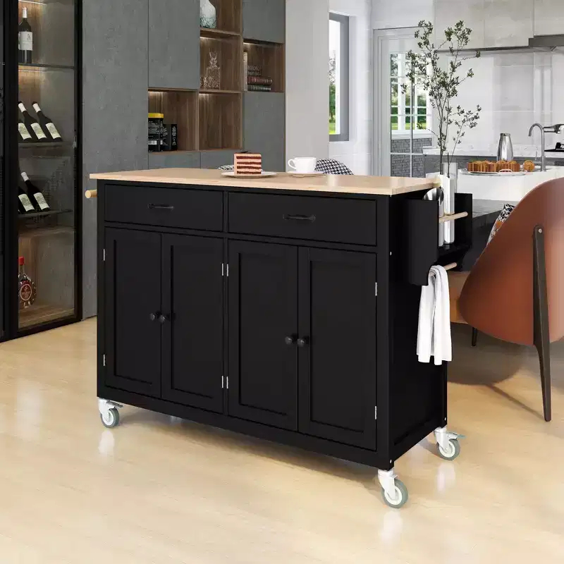 Kitchen Island with Wooden Tabletop & Lockable Wheels – 4 Doors, 2 Drawers, Towel & Spice Rack