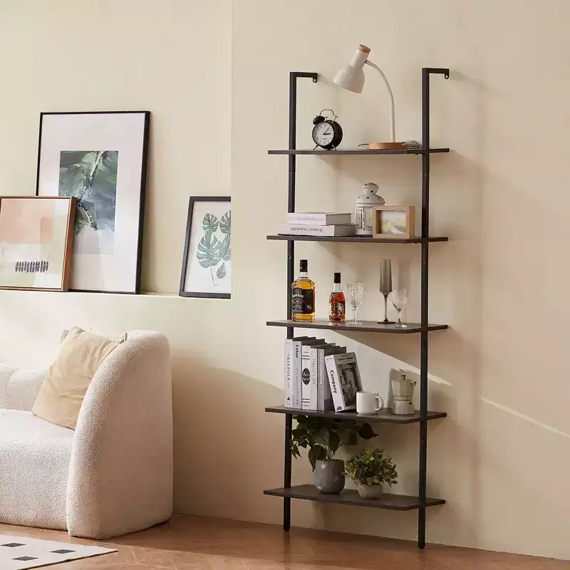 Ladder Shelf, 5-Tier Bookshelf 24x11.8in, Open Wall-Mounted Ladder Shelf with Metal Frame, Storage Rack Sundries Holder, Black