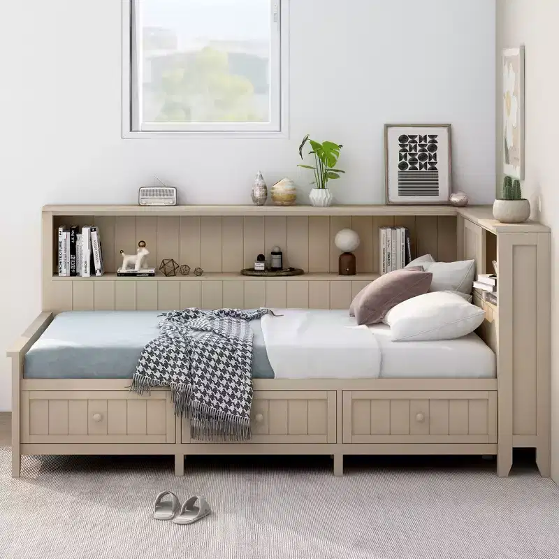 Wooden Storage DayBed, Platfrom BedFrame with Shelves and 3 Drawer & Sliding Doors, L Shape Corner Bed w/Storages, Antique White