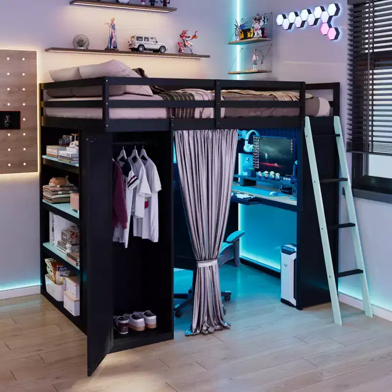Full Size Gaming Loft Bed with Desk & RGB Lights, Full Wood Loft Bed Frame with Storage Wardrobe, Shelves & Blackout Curtains