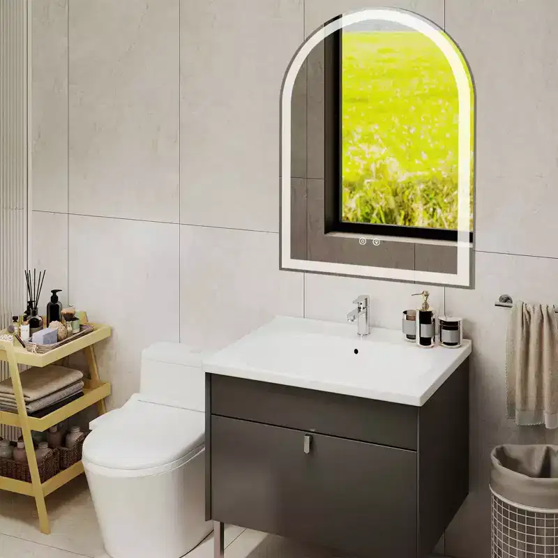 MAYEERTY 20x28 Inch Arched LED Bathroom Mirror with Charging, Anti-fog 3-Color Memory Dimming Dual Light